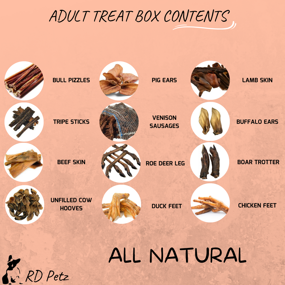 Rd petz adult natural dog treat box contents