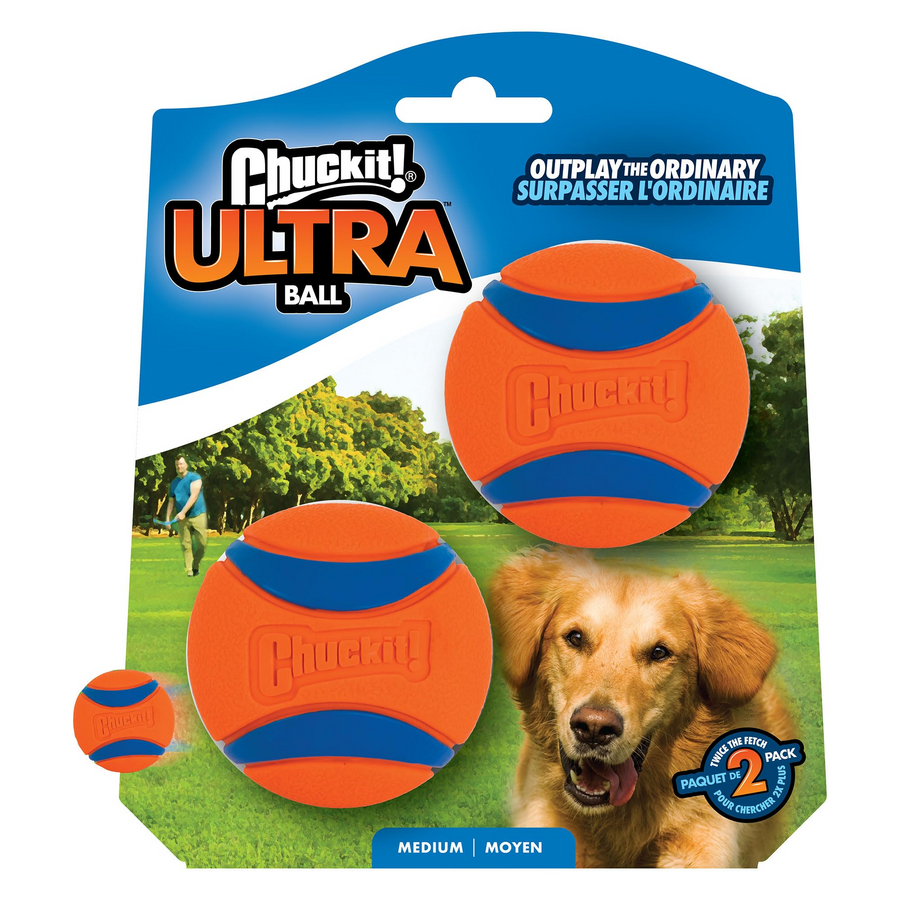 Packet of chuckit ultra ball for the game of fetch