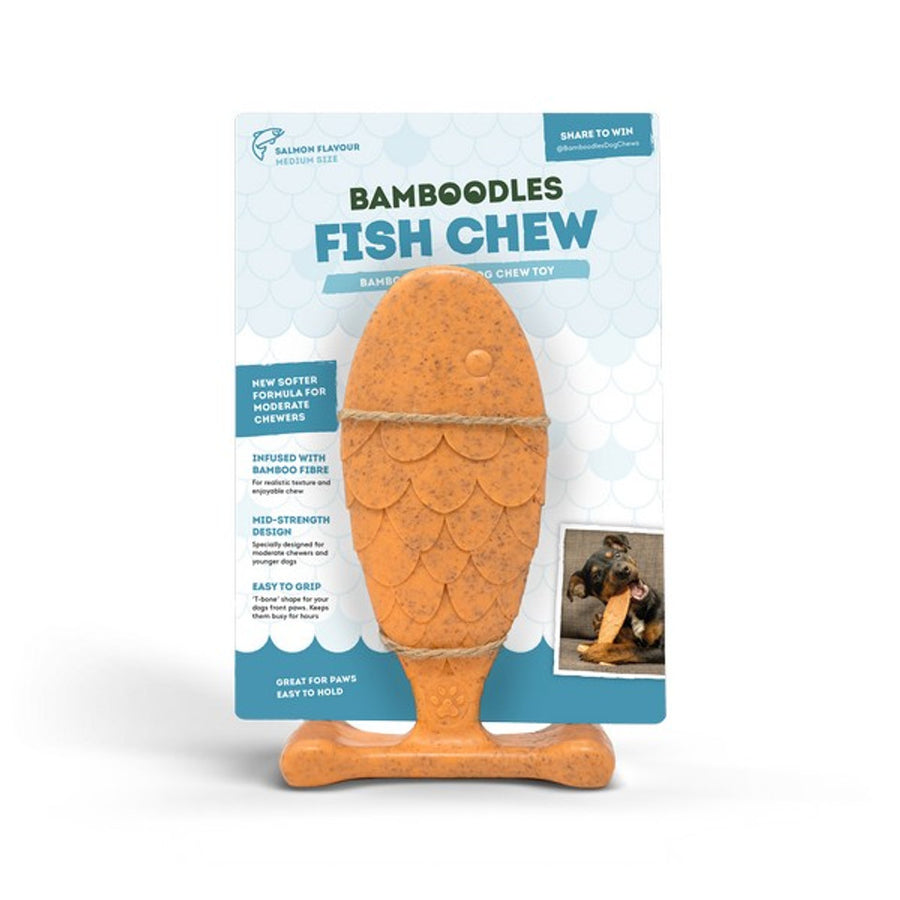 Demonstrating bamboodles fish puppy toy for your dog