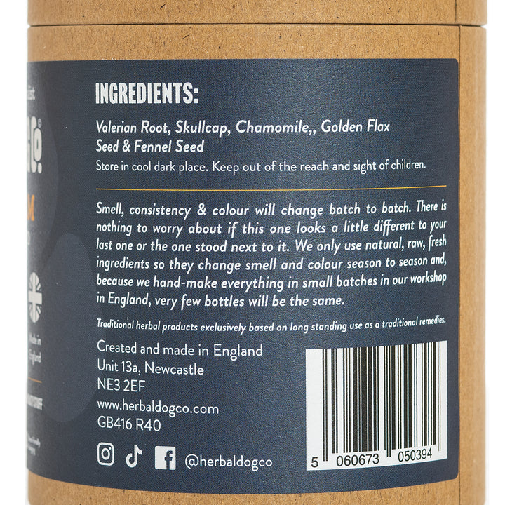 Casket of herbal dog co showing ingredients list