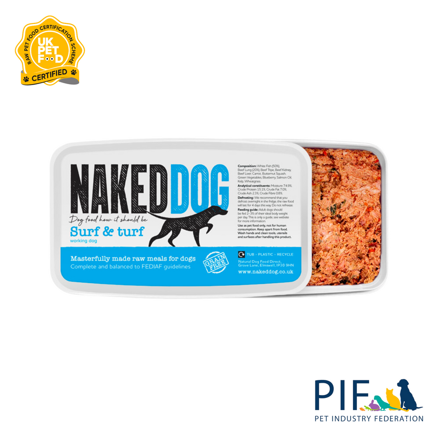 Naked dog original dog food made of surf and turf