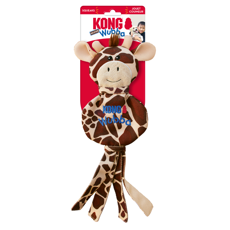 Kong wubba no-stuff giraffe with name tag
