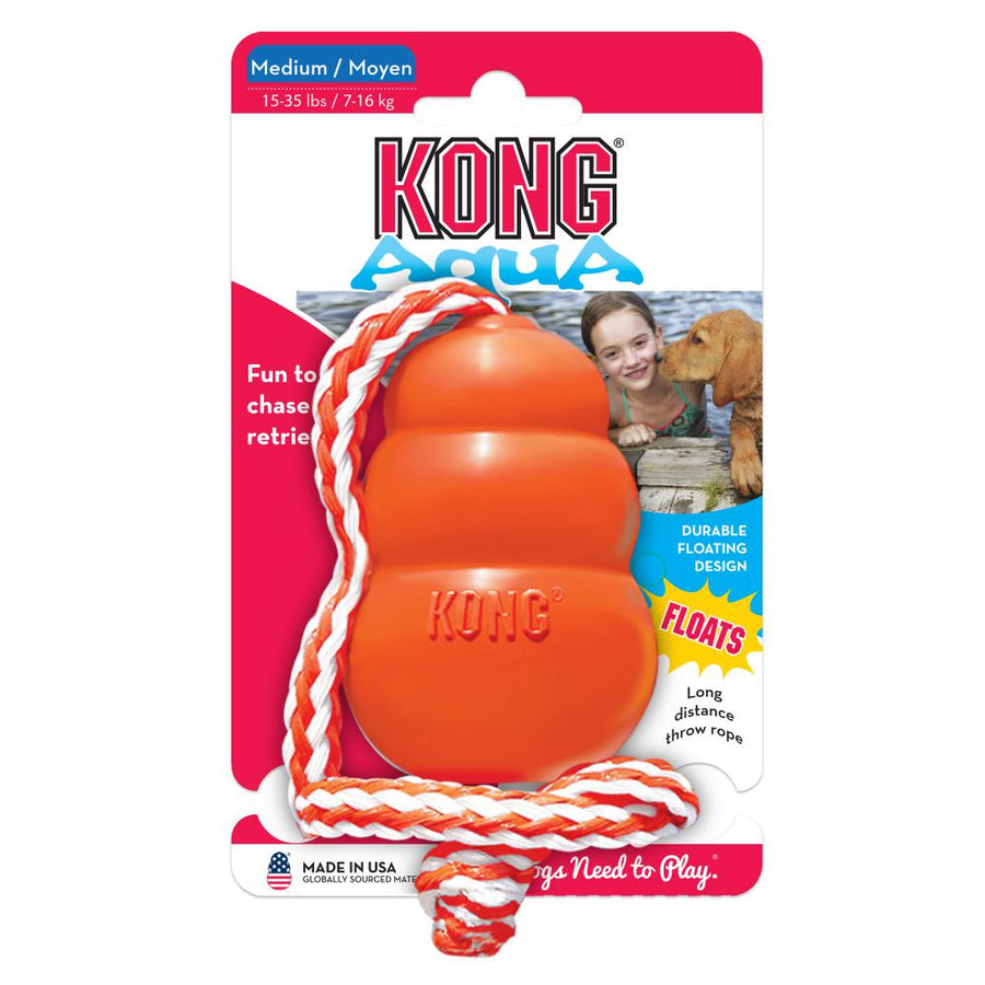 Demonstration of kong (cool) aqua on rope floating dog toy