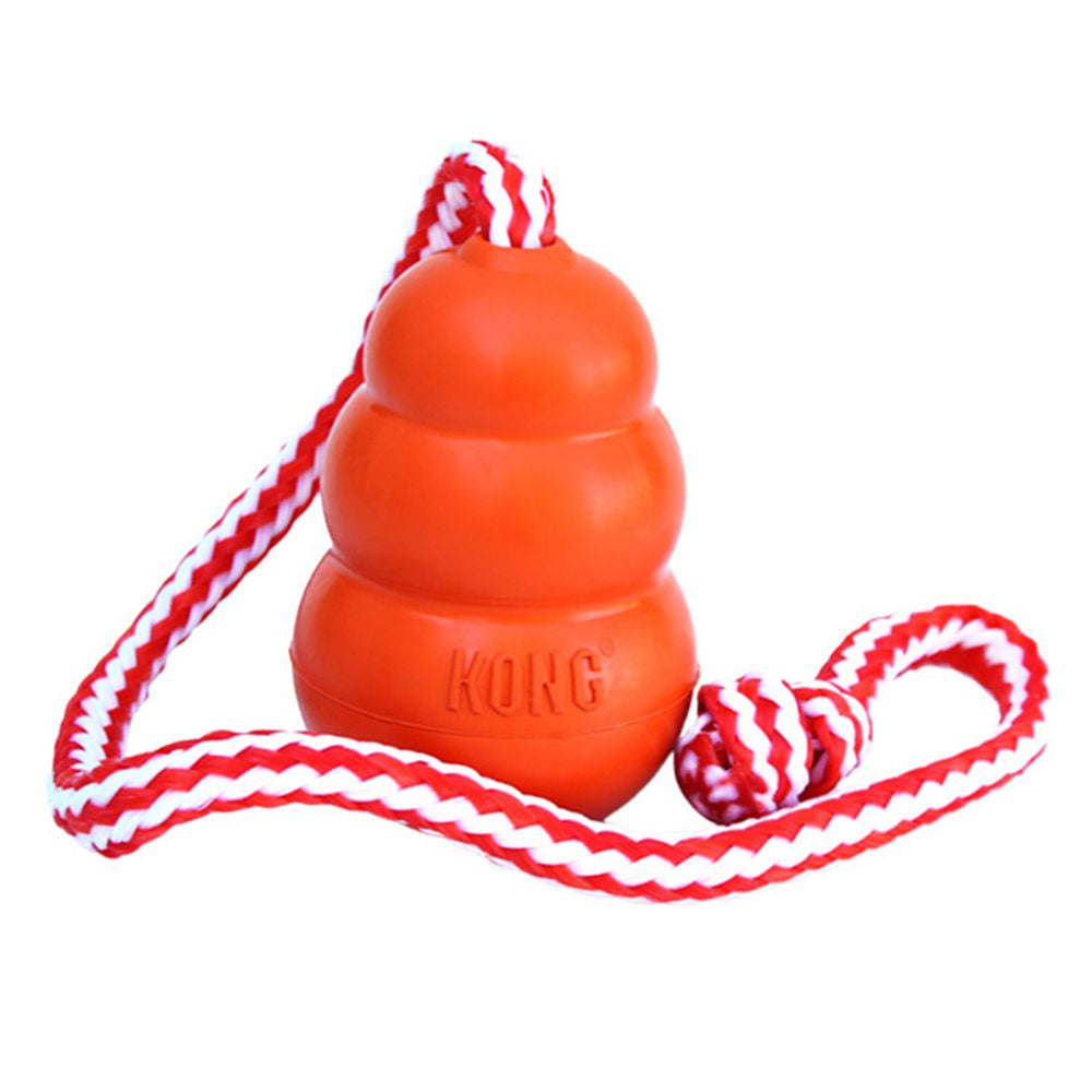 Demonstration of kong aqua on rope floating dog toy on white background