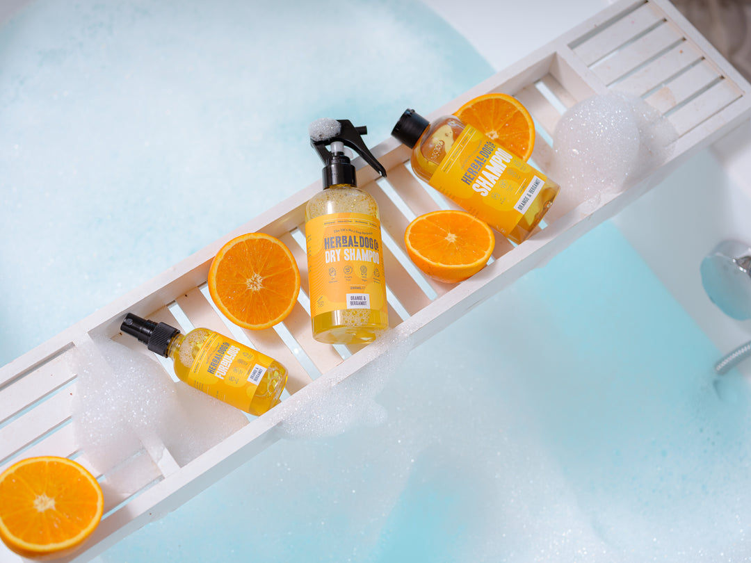Orange and bergamot dry shampoo with the demonstration of oranges